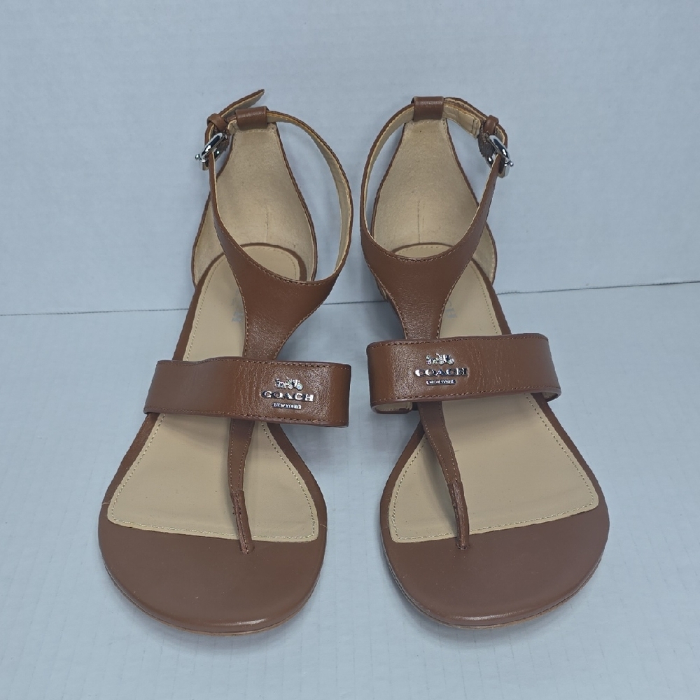 Womens Coach Vienna Brown Tan Leather Wedge Thong Ankle Strap Sandals Size 8.5B